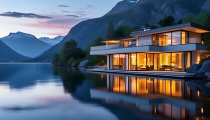 Serene Lakeside Villa at Dusk with Mountain Views and Illuminated Windows Reflecting on Tranquil Waters