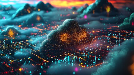 Wall Mural - Digital Dreamscape: Futuristic Cloud Computing Network in 3D Visualization