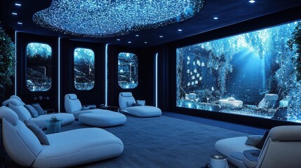 Modern Home Theater Design with Starry Sky Ceiling and Ocean Themed Wall