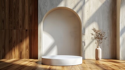 Canvas Print - White podium on wooden floor with archway and sunlight.