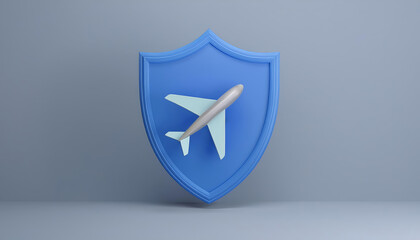 A blue shield icon featuring an airplane, symbolizing air travel safety and security in a minimalist 3D design.