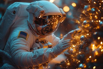 An astronaut decorates a Christmas tree with twinkling lights