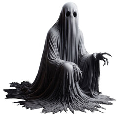 A halloween ghost is wrapped in a white sheet floating around him. His face is hidden by the sheet, but you can see two disturbing dark eyes, the atmosphere of the image is dark and disturbing.