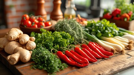 Colorful Spices and Herbs on Cutting Board with Brick Wall