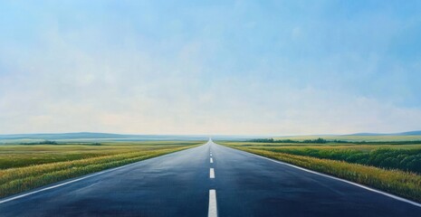 A long road leading to the horizon, with green grass on both sides and a blue sky above. The asphalt surface of the highway is clearly visible, with white lines indicating the flow of traffic. 