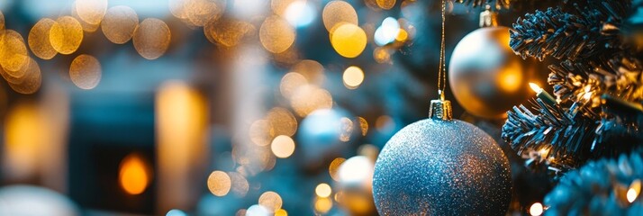 Wall Mural - Close-Up of Blue and Gold Christmas Ornaments Hanging on a Christmas Tree with Warm Bokeh Lights