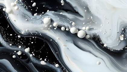 Wall Mural - Dynamic Black and White Liquid Marbling with Floating Particles, Evoking a Cosmic Feel for Modern Artistic Backgrounds and Creative Graphic Designs