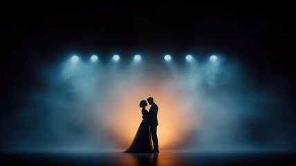 Vampire couple dancing under a Gothic chandelier, shadows twisting on the floor, elegant ballroom in dark tones, mysterious and romantic