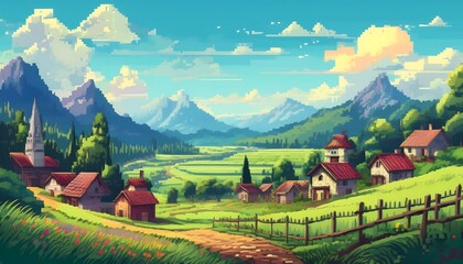 Wall Mural - Summer Day in the Mountains Pixel Art - 8 bit bright and cheerful village scene set in a valley, with pixelated houses, vibrant green fields, and a forest in the background. Graphic art illustration