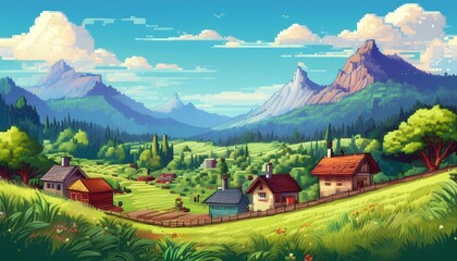 Wall Mural - Summer Day in the Mountains Pixel Art - 8 bit bright and cheerful village scene in a valley, with pixelated houses, vibrant green fields, and a forest in the background. Graphic art illustration