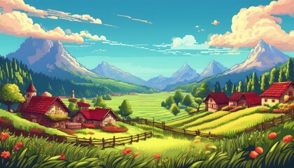 Summer Day in the Mountains Pixel Art - 8 bit bright and cheerful village scene in a valley, with pixelated houses, vibrant green fields, and a forest in the background. Graphic artwork illustration