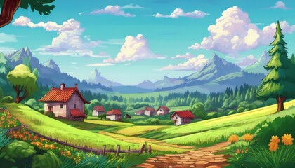 Wall Mural - Summer Day in the Mountains Pixel Art - 8 bit bright and cheerful village scene in a valley, with pixelated houses, vibrant green fields, and forest in the background. Graphic art illustration