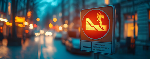 Blurred City Street Photo - Evening Urban Warning Sign with Bokeh Lights