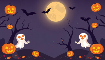 Wall Mural - A Halloween themed poster with bats flying in the sky and pumpkins on the ground