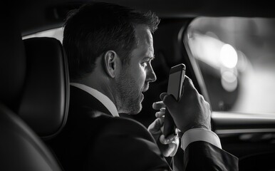 Businessman in suit communicates on mobile phone inside car, professional call during commute