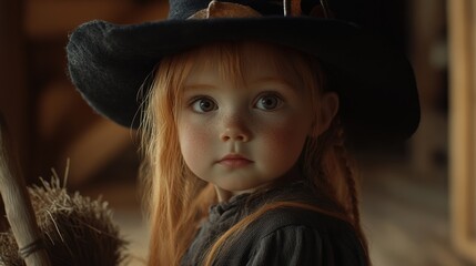 Wall Mural - A little girl wearing a witch hat and holding a broom