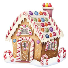 watercolor gingerbread house decorated with candy, cozy and festive, isolated on a white background