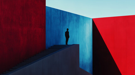 Poster - minimalist photography of an anonymous character on a majestic minimalist architecture background, m