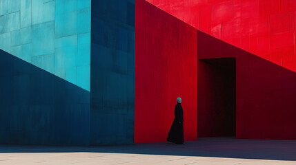 Poster - minimalist photography of an anonymous character on a majestic minimalist architecture background, m