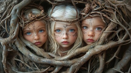 Canvas Print - Three little girls with blue eyes are surrounded by tree branches