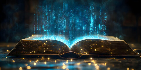 Magic Illustration of Data Streams from Open Book, Knowledge Concept