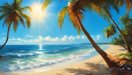 Tropical paradise with golden sands and swaying palm trees under a radiant sun