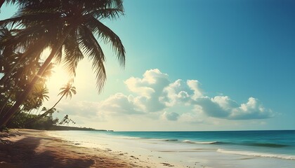 Tropical paradise with golden sands and swaying palm trees under a radiant sun