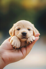 Wall Mural - A small puppy is being held in a person's hand