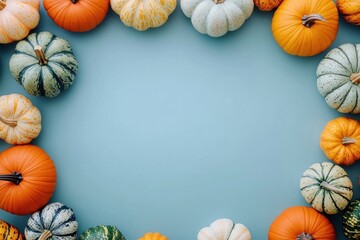 Sticker - Autumn pastel background with pumpkins and gourds on a blue table decoration halloween autumn.