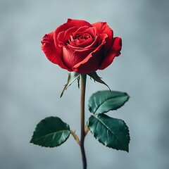 Canvas Print - A vibrant red rose with lush green leaves against a soft background.