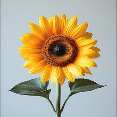 Canvas Print - A vibrant sunflower with green leaves against a light background.