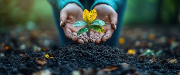 A person nurturing a young plant, symbolizing growth and environmental care.