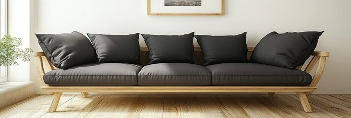 Wall Mural - Modern Sofa With Wooden Frame, black Cushions, Simple Design, Home Interior, Comfortable Seating