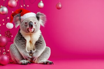 Wall Mural - A koala wearing a Santa hat is sitting on a pink background