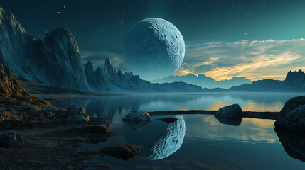 Wall Mural - Fantasy landscape, big moon, reflections
