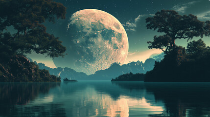 Wall Mural - Fantasy landscape, big moon, reflections
