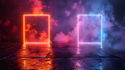 Two Neon Light Frames With Red and Blue Smoke in Dark Room.