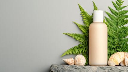 Discover a minimalist product shot featuring a face cleanser on a stone ledge, accented by fresh ferns and sea shells, highlighting natural beauty and clean aesthetics.