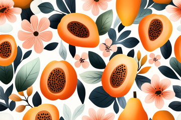 Sticker - Seamless abstract pattern featuring papaya fruits, flowers, and leaves in a flat, style. The design showcases vibrant orange papayas and floral elements with green foliage.