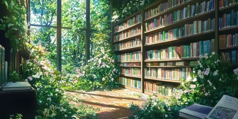 A serene library filled with sunlight and lush greenery, inviting reading and reflection.