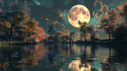 Wall Mural - Fantasy landscape, big moon, reflections
