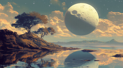Wall Mural - Fantasy landscape, big moon, reflections
