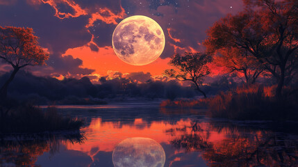 Wall Mural - Fantasy landscape, big moon, reflections
