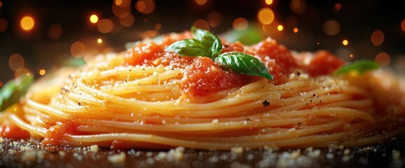 Wall Mural - A plate of spaghetti topped with tomato sauce and basil, garnished for presentation.