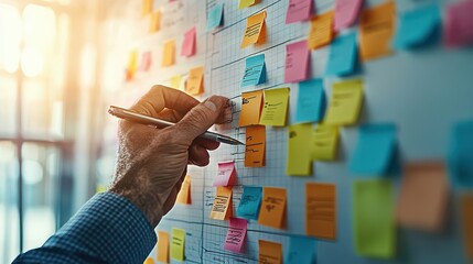 Poster - Close-up of a professional planning strategy with sticky notes on a wall during a business meeting in an office setting