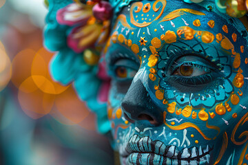 Wall Mural - Close up of woman with blue Halloween Dia de los Muertos costume face paint