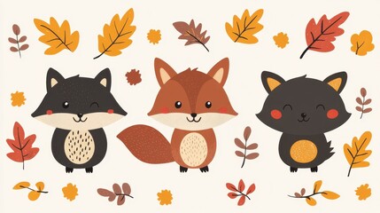 Sticker - Cute Cartoon Animals in Autumn Forest with Fall Leaves Illustration