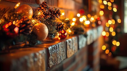 Aufkleber - A cozy fireplace adorned with festive decorations, twinkling lights, and seasonal ornaments, creating a warm holiday atmosphere.