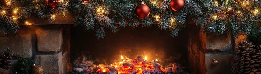 Poster - A warm and festive fireplace adorned with Christmas decorations and glowing lights, creating a cozy holiday ambiance.