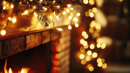 Poster - A cozy fireplace adorned with glowing lights, creating a warm ambiance perfect for holiday festivities and gatherings.